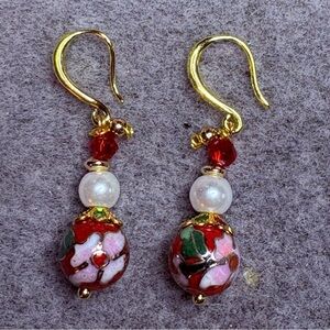 Artisan handmade Mrs. Clause dangle earrings 18k GP, glass & cloisonne beads